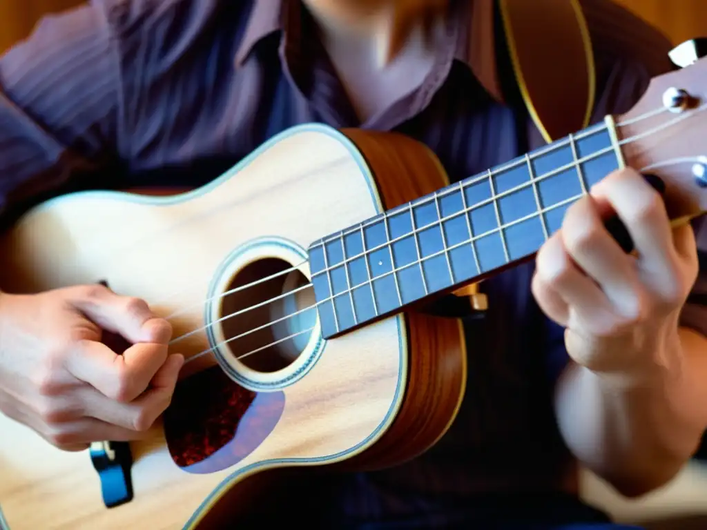 Un músico indie pop tocando el ukelele con pasión, mostrando la emoción en su rostro y la destreza de sus manos