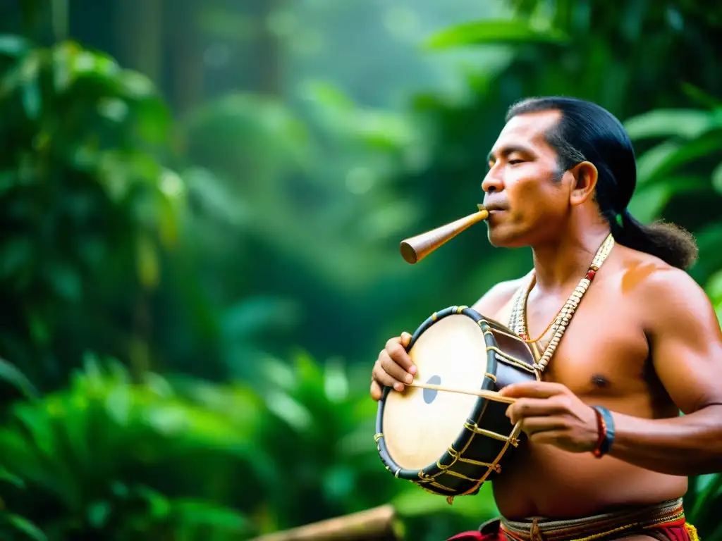 Un músico indígena en el Amazonas toca un mirlitón rodeado de exuberante vegetación, capturando la riqueza cultural del instrumento musical amazónico