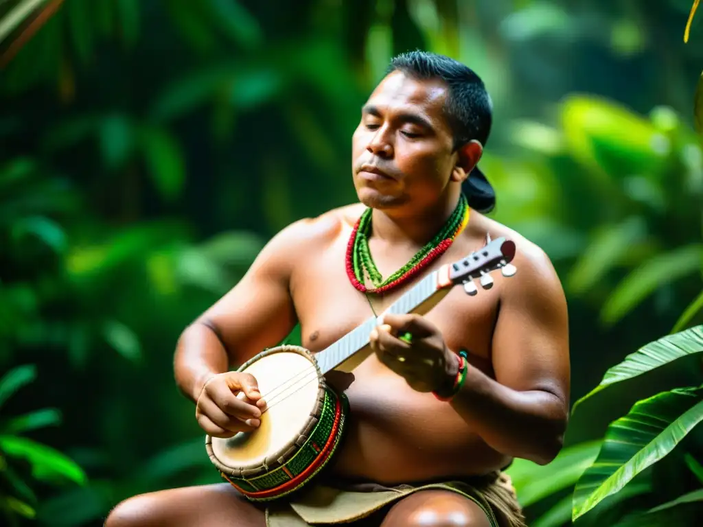 Un músico indígena del Amazonas toca un Mirlitón rodeado de exuberante vegetación