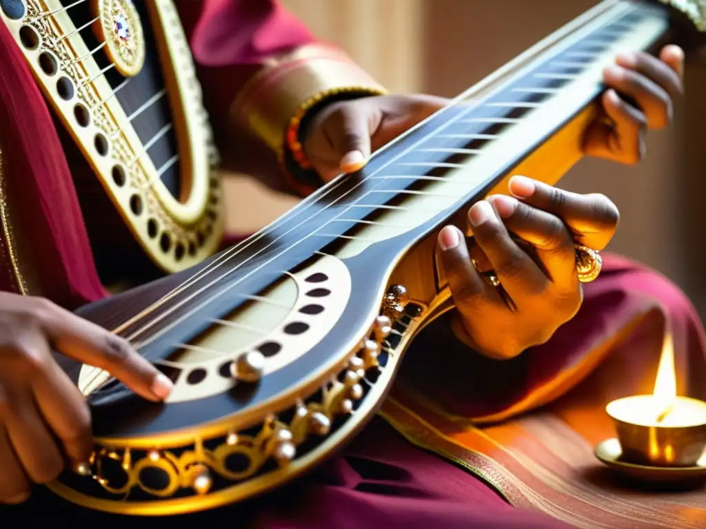 Un músico indio experto toca la veena con destreza, resaltando la belleza cultural del instrumento