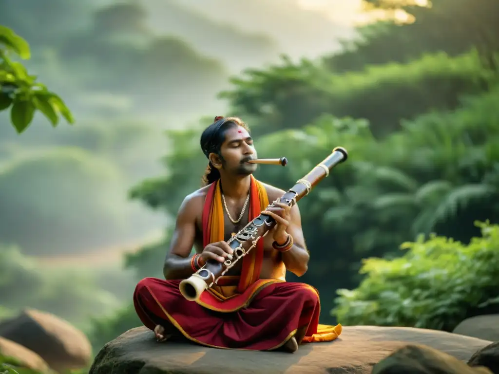 Un músico indio toca la flauta bansuri en un entorno natural, destacando la historia y relevancia cultural del bansuri en la música clásica india