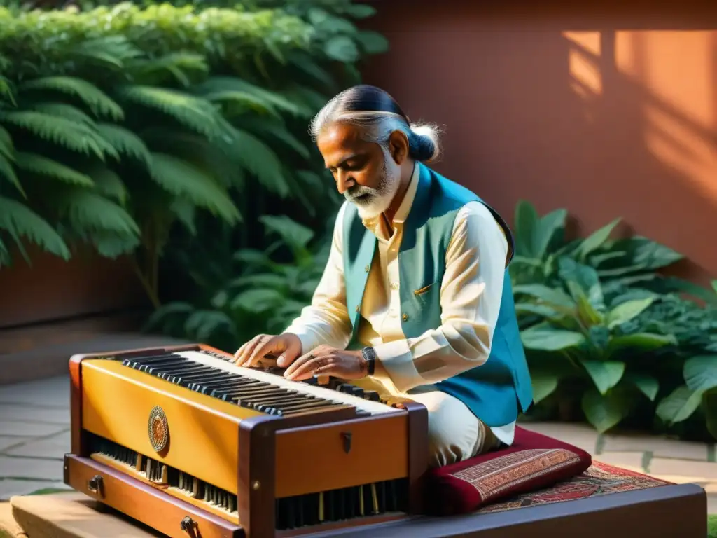 Un músico indio toca el harmonium en un patio soleado, rodeado de vegetación y tapices coloridos