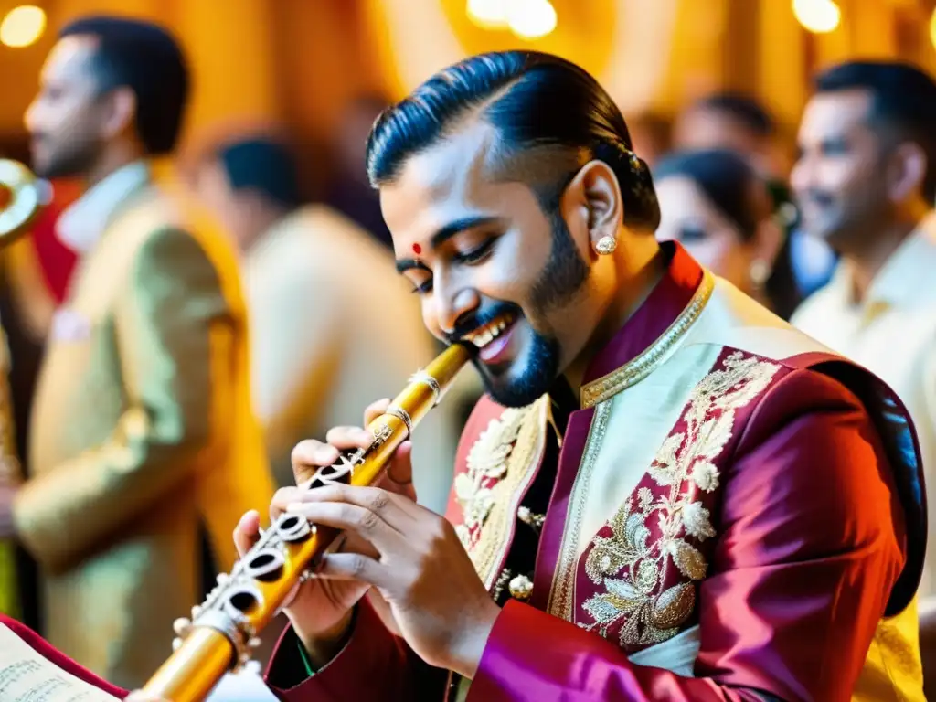 Un músico indio tocando el shehnai en una boda tradicional, rodeado de decoraciones ornamentales y huéspedes alegres