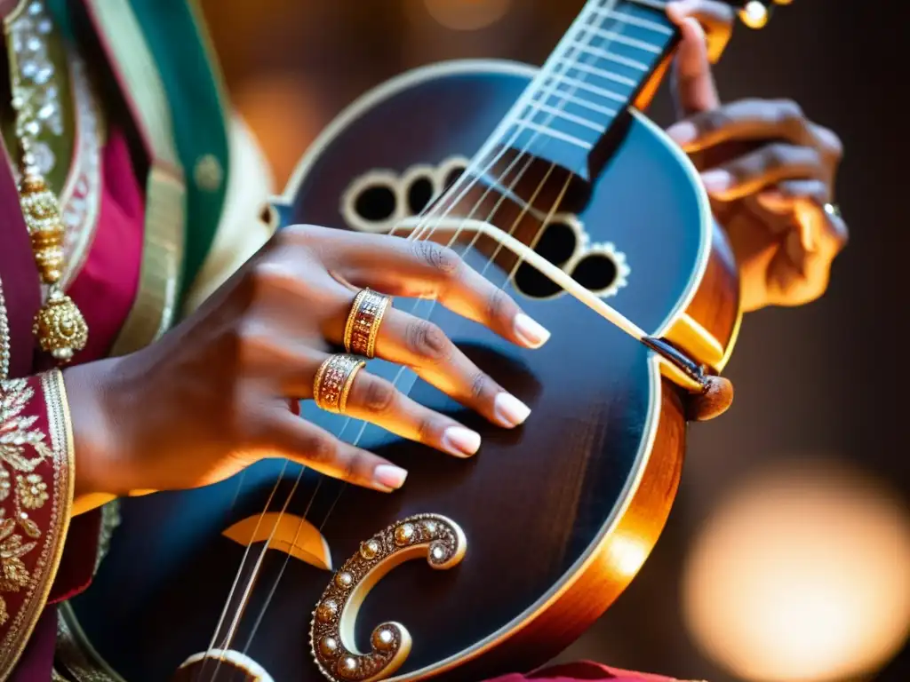 Un músico indio toca con maestría la veena, con anillos adornando sus dedos