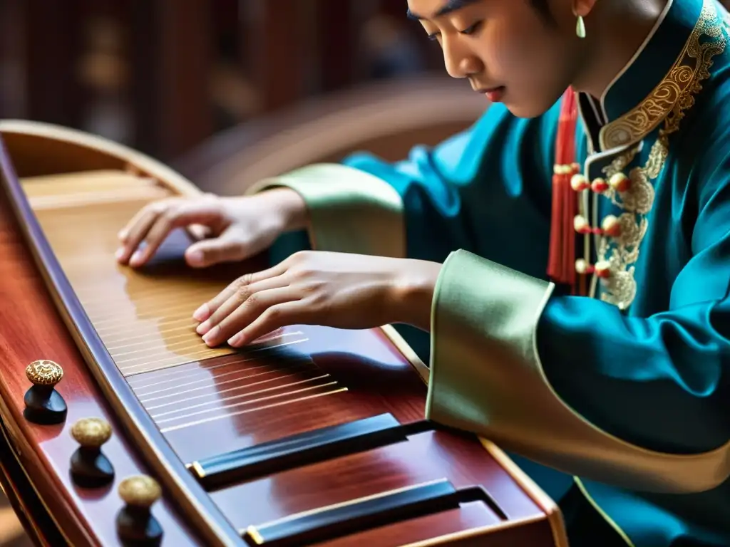 Un músico hábil interpreta el guzheng chino, destacando la influencia cultural en la escena musical folclórica global