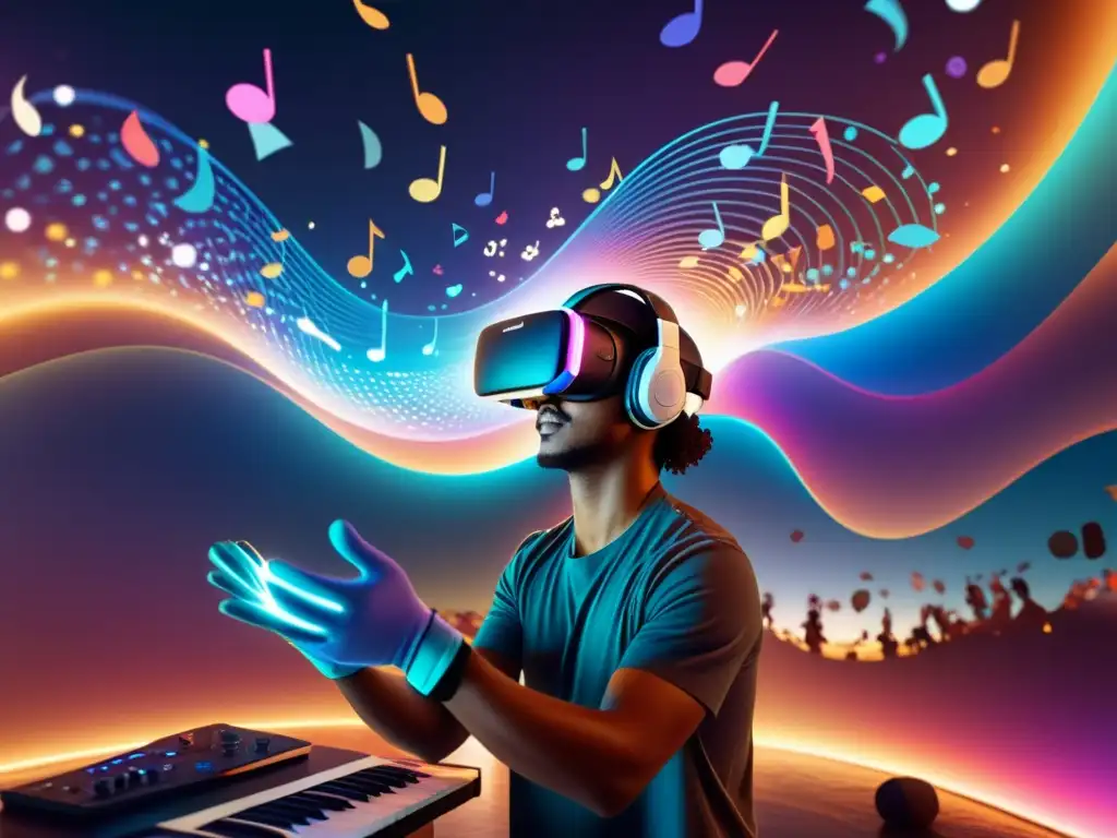 Un músico inmerso en un entorno de realidad virtual, interactuando con notas musicales coloridas