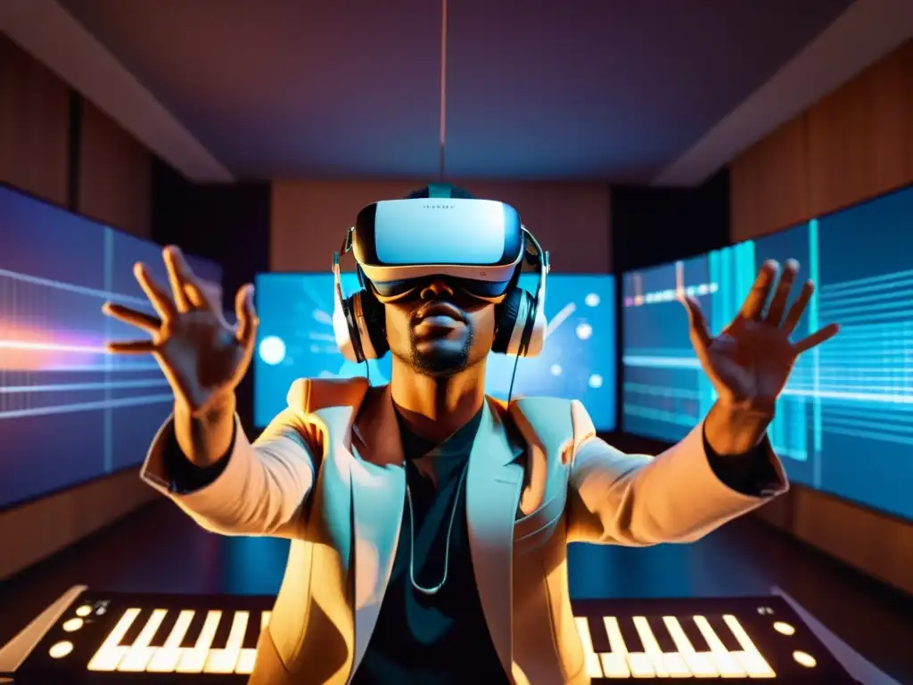 Un músico inmerso en la realidad virtual, explorando la producción musical en un entorno innovador y lleno de creatividad