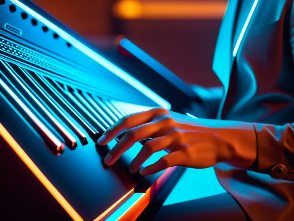 Melodía microtonal: Exploración futurista de un instrumento único Un músico toca con pasión un innovador instrumento microtonal de diseño futurista, con un trasfondo vanguardista