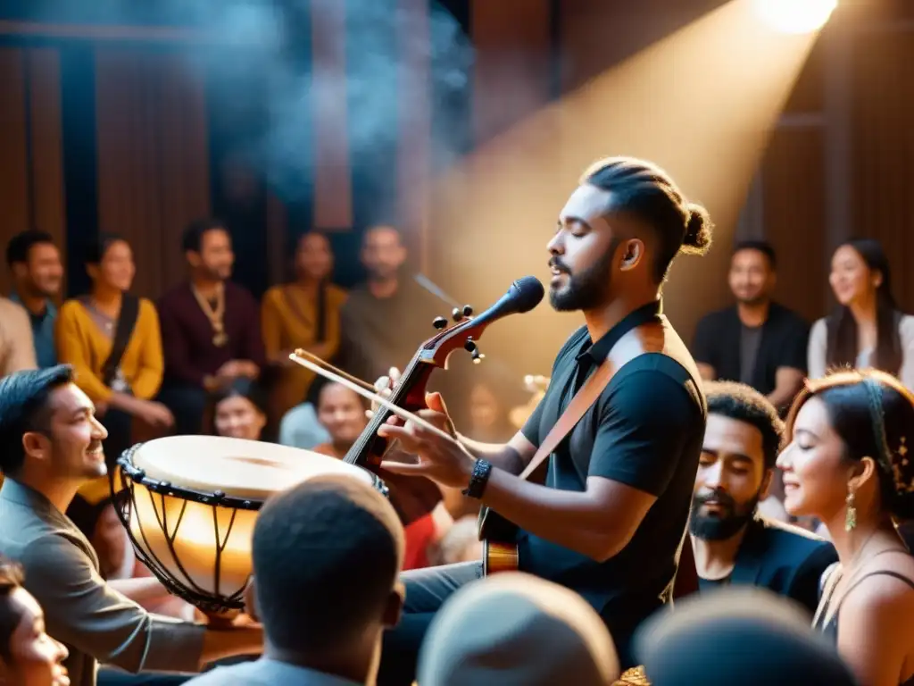 Un músico toca un innovador instrumento musical híbrido, cautivando a una audiencia diversa en un escenario iluminado de forma cálida