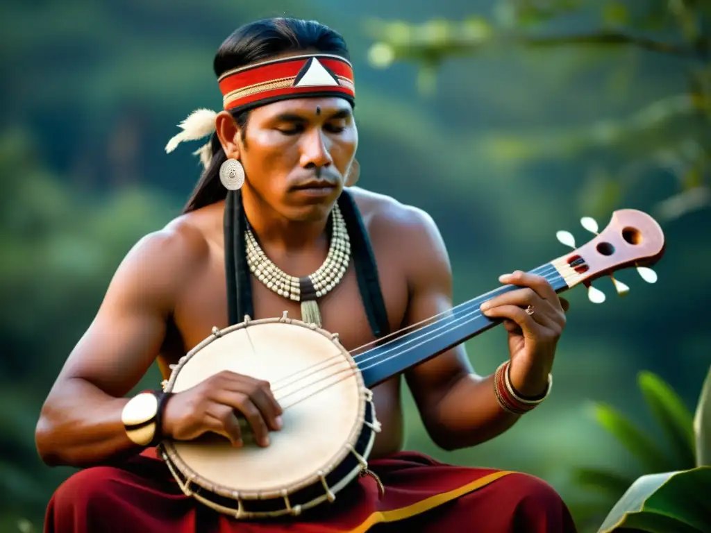 Un músico indígena toca un instrumento ancestral mientras se sumerge en la rica herencia de los instrumentos musicales ancestrales contemporáneos