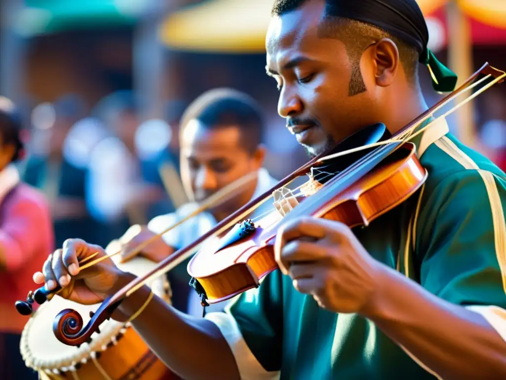 Un músico hábil toca un instrumento de cuerda en una celebración cultural animada, con gente bailando y disfrutando