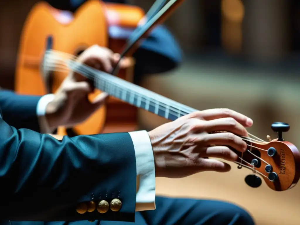 Un músico toca un instrumento de cuerda tradicional, mostrando la artesanía detallada y la concentración