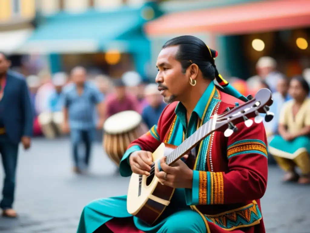 Un músico indígena toca un instrumento étnico en un bullicioso mercado, transmitiendo la pasión y la herencia cultural