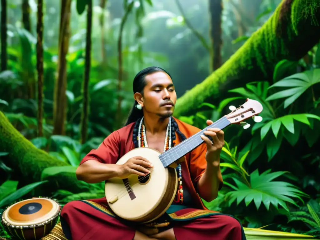 Un músico indígena toca un instrumento étnico en la exuberante selva, destacando la conservación de instrumentos musicales étnicos