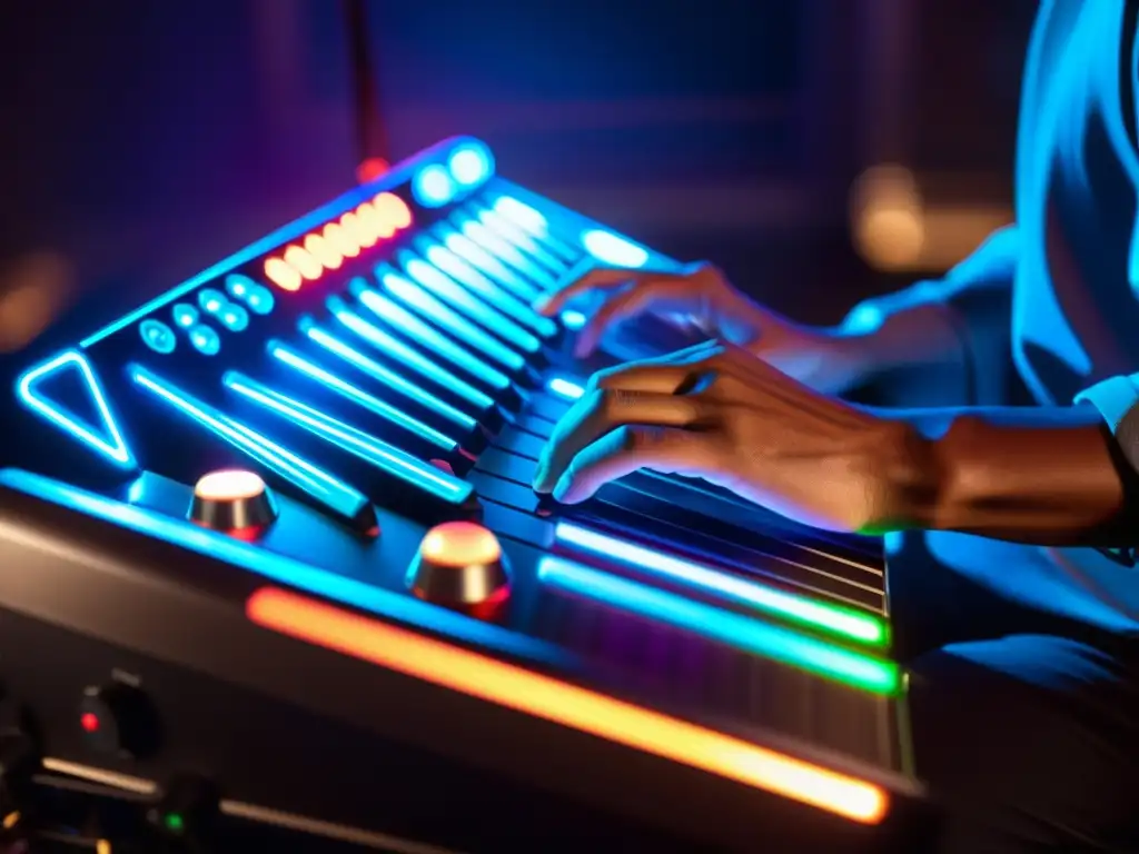 Un músico toca un instrumento híbrido electrónico-acústico en un estudio futurista iluminado por luces LED coloridas