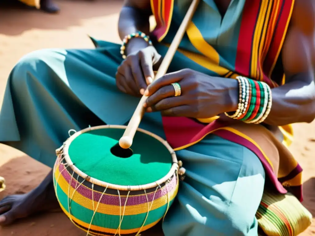 Un músico toca un instrumento musical Ngoni en un bullicioso mercado de Bambara, Mali, resaltando la rica historia cultural