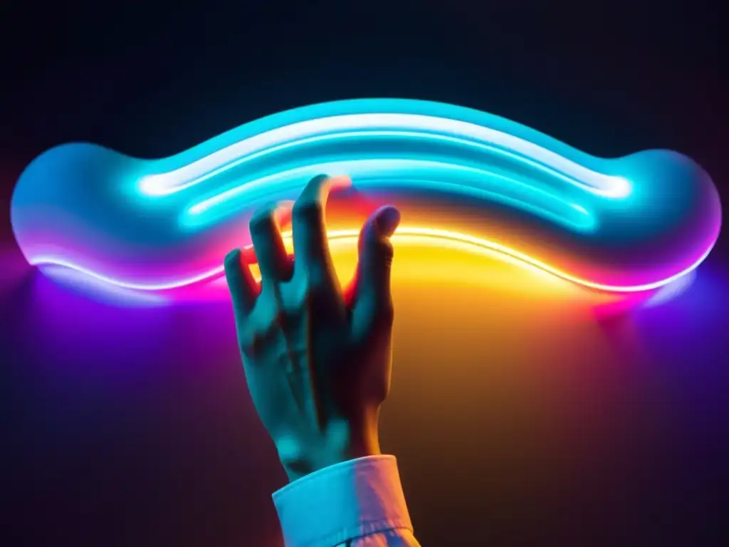 Un músico toca un instrumento musical electrónico flexible futurista, iluminado con luces LED coloridas, en un escenario ante un público impresionado