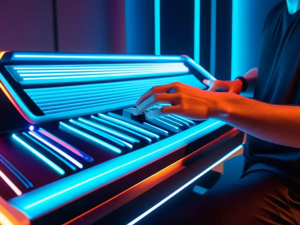 Un músico toca un instrumento musical electrónico flexible futurista con detalle ultradetallado en un entorno de arquitectura moderna y luces vibrantes