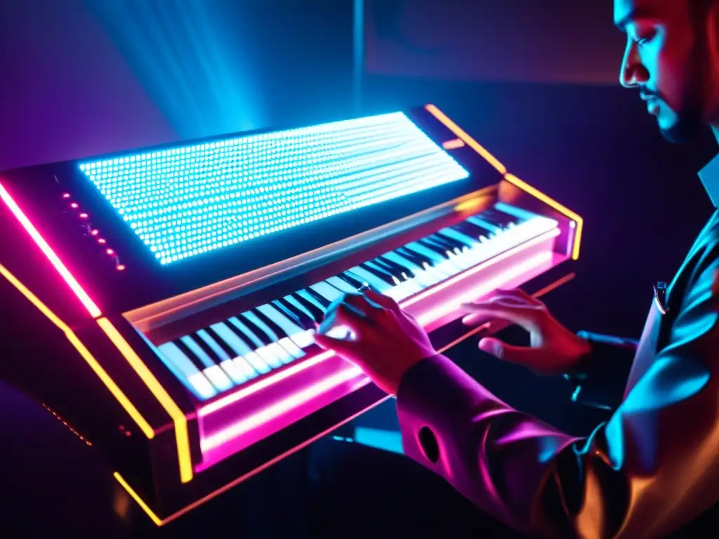 Un músico toca un instrumento musical electrónico futurista, con luces LED vibrantes y una interfaz digital detallada