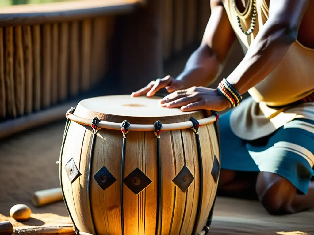 Un músico toca un instrumento musical log drum percusión en un entorno tribal, destacando sus detalles tallados y la expresión concentrada