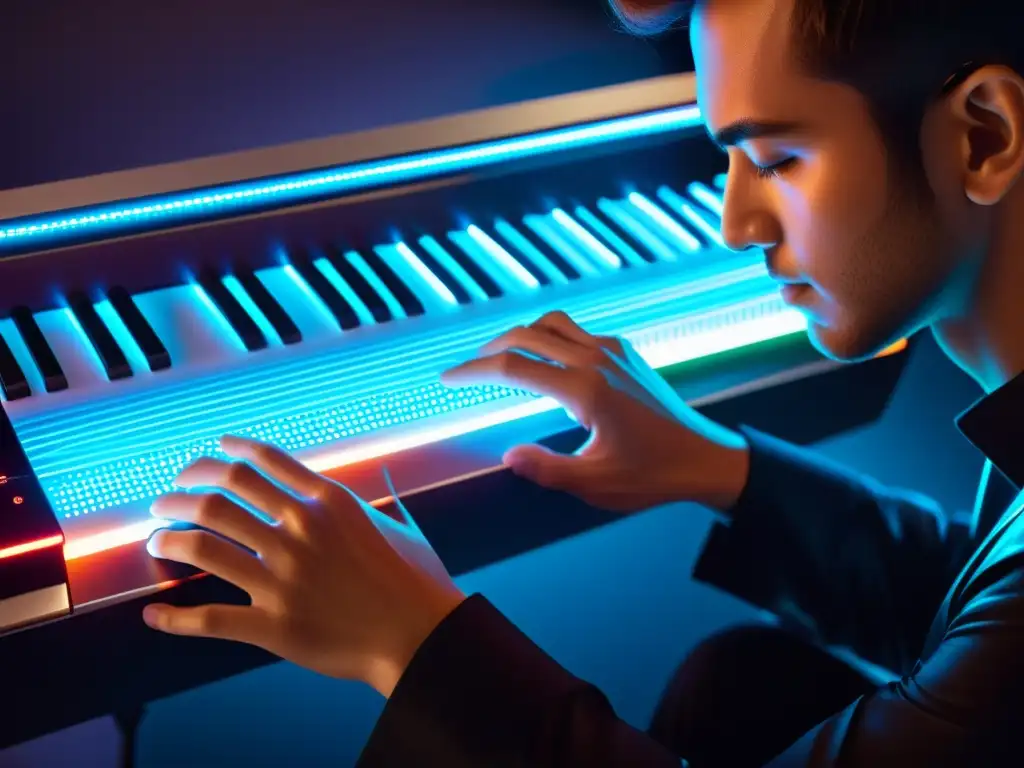 Un músico toca un instrumento musical futurista con luces LED, paneles táctiles y tecnología de inteligencia artificial