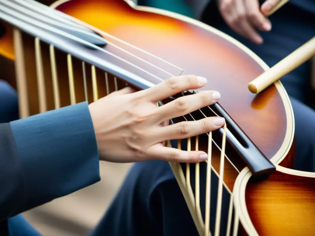 Un músico hábil toca un instrumento musical híbrido, rodeado de diversidad cultural en una fusión armoniosa