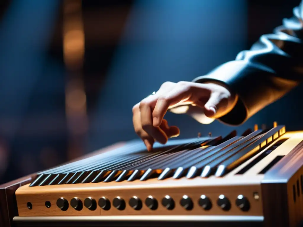 Un músico toca un instrumento musical híbrido innovador en un escenario, con luces azules y moradas creando una atmósfera mágica