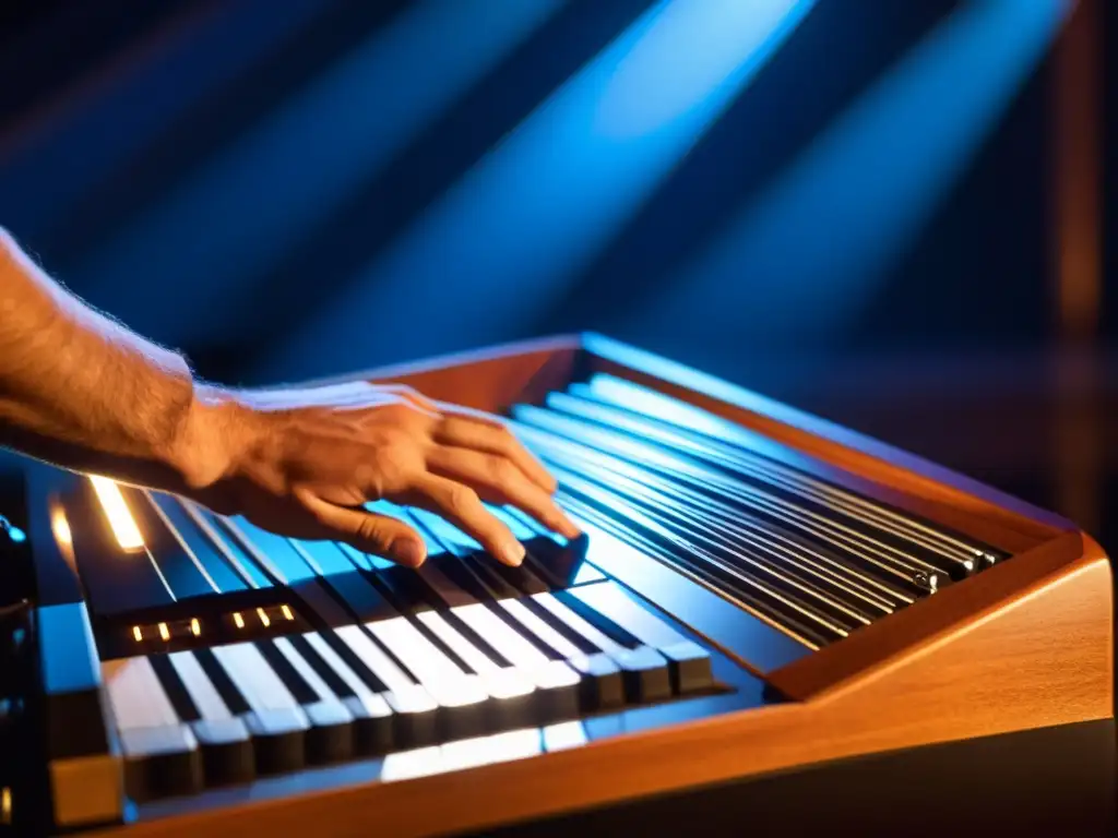 Un músico toca un instrumento musical híbrido electrónico-acústico en un escenario tenue, fusionando la tecnología con la tradición