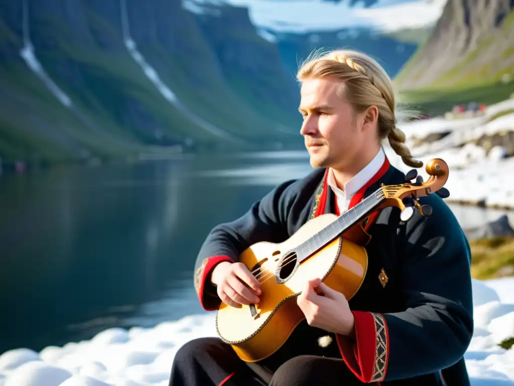 Un músico toca el instrumento musical Langeleik noruego en un paisaje nevado pintoresco, mostrando su conexión con la tradición y herencia cultural