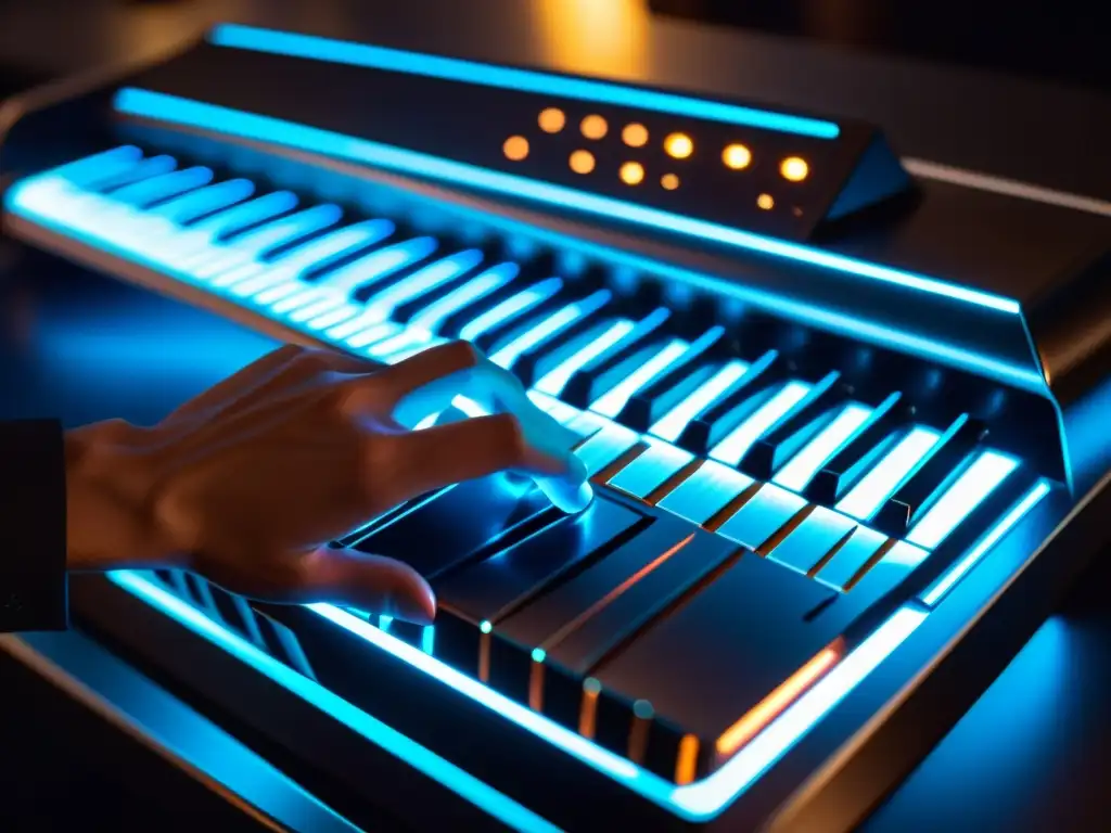 Concierto futurista: Músico tocando instrumento microtonal Un músico toca un instrumento musical microtonal futurista, con luces LED y un diseño innovador
