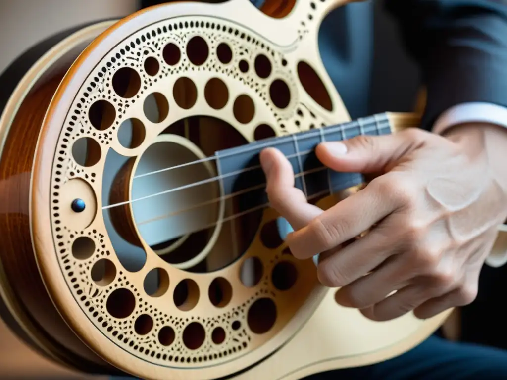 Un músico toca un instrumento musical sostenible con diseño ergonómico, destacando sus detalles e integración perfecta