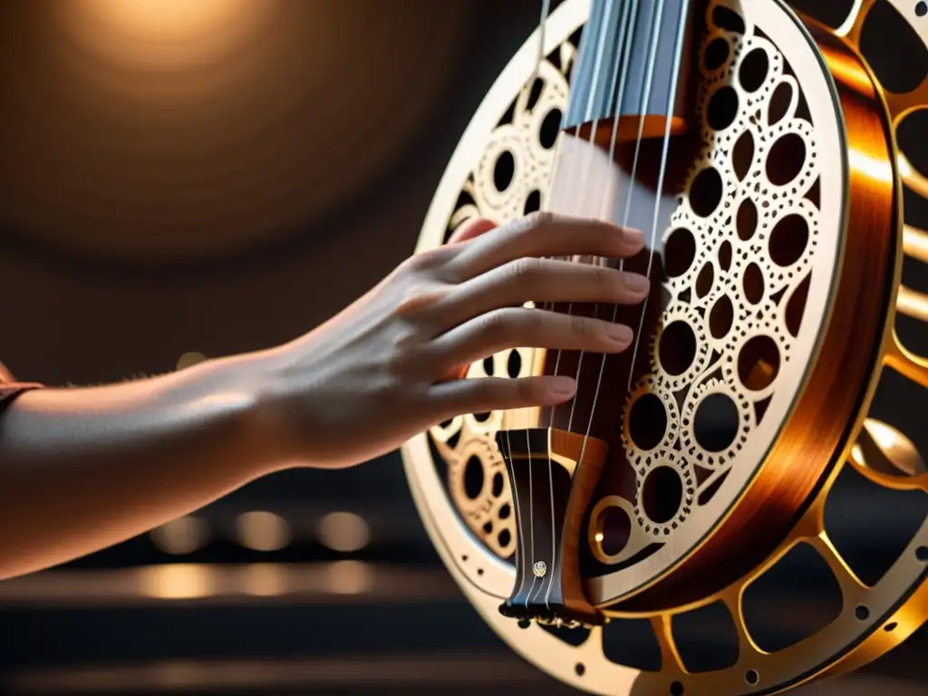 Un músico tocando el hang, un instrumento de percusión moderno, con detalles y movimiento cautivadores