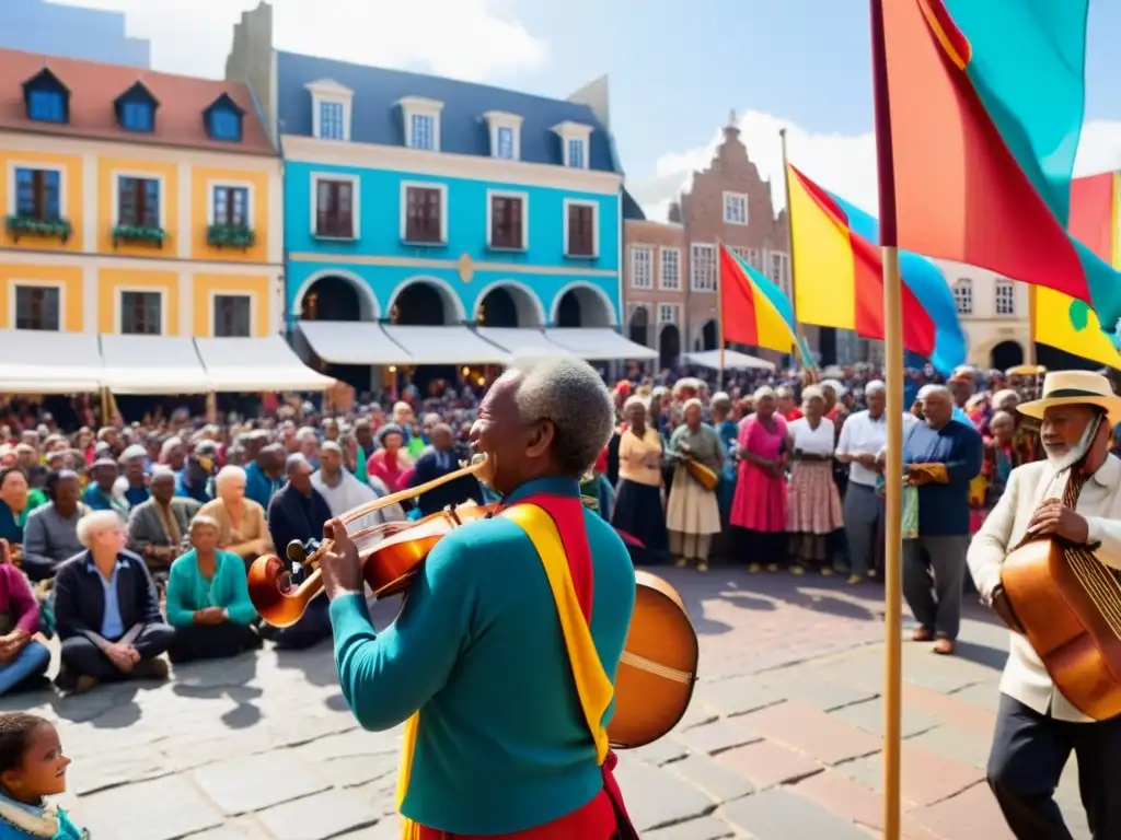 Un músico toca un instrumento tradicional en una bulliciosa plaza llena de gente de todas las edades y orígenes