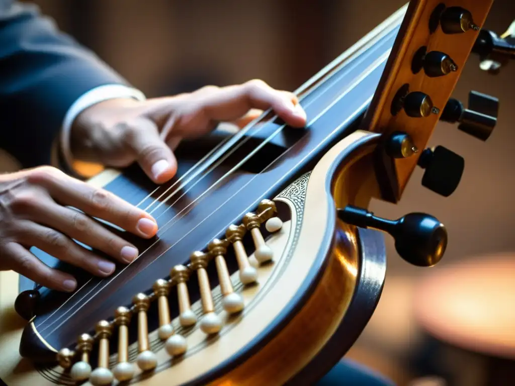 Un músico hábil toca un instrumento tradicional, resaltando detalles y destreza