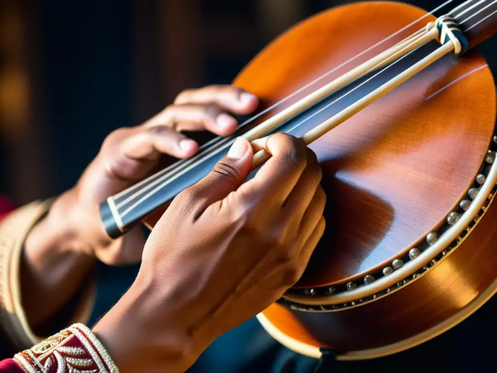 Un músico toca un instrumento tradicional, mostrando detalles y emoción