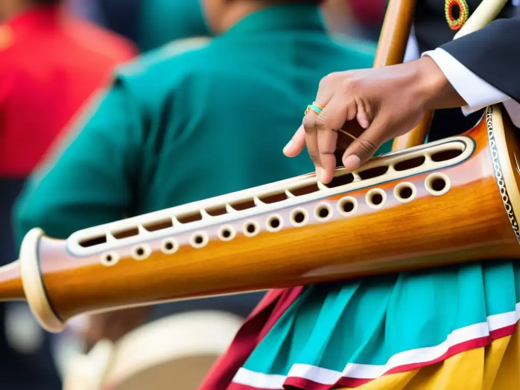 Un músico toca un instrumento tradicional en un festival cultural, con detalles vívidos y una audiencia diversa