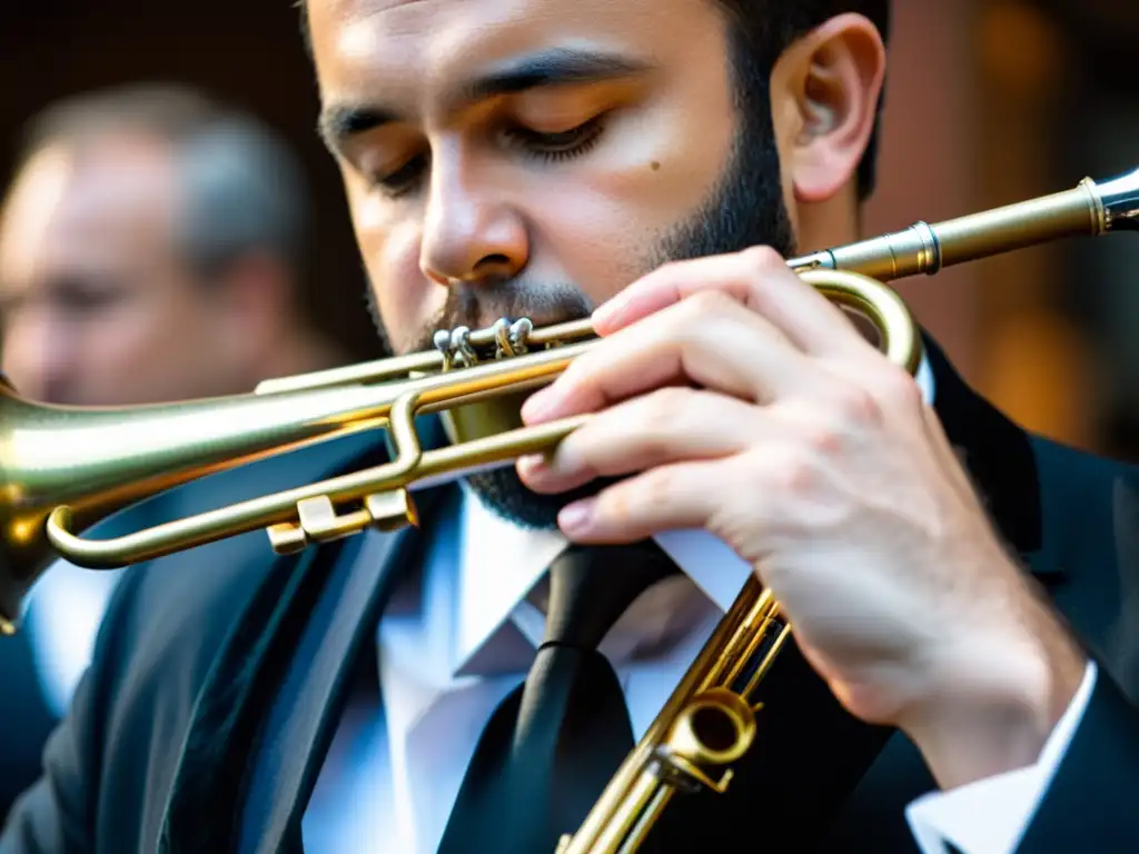 Músico de instrumento de viento metal sosteniendo su embocadura con precisión y concentración