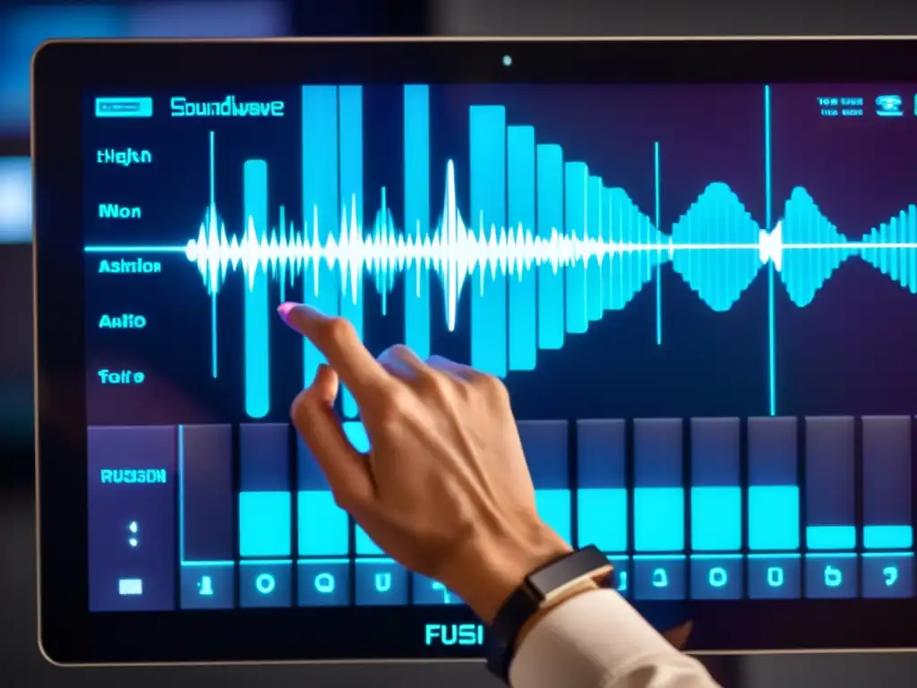 Un músico crea instrumentos musicales digitales con precisión en una pantalla táctil, fusionando tecnología y arte en una imagen cálida y envolvente