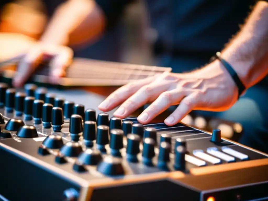 Un músico hábil manipula instrumentos en vivo con intensa concentración