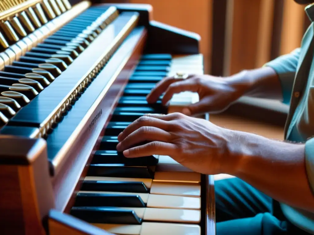 Un músico muestra intensa concentración mientras toca un armonio, revelando la influencia del armonio en la música espiritual Sikh