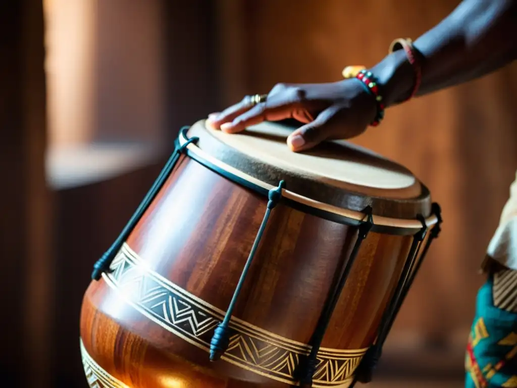 Un músico con intensa concentración tocando un djembe africano, resaltando los detalles y la pasión