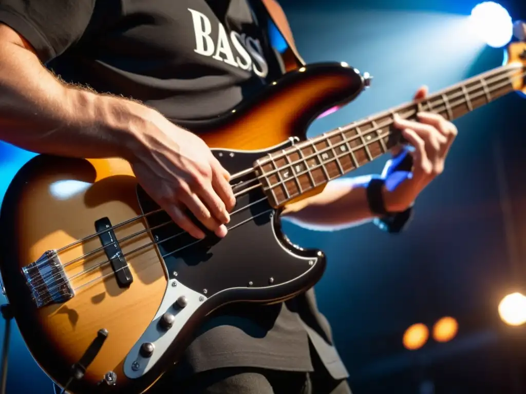 Un músico toca con intensidad un bajo en concierto pop