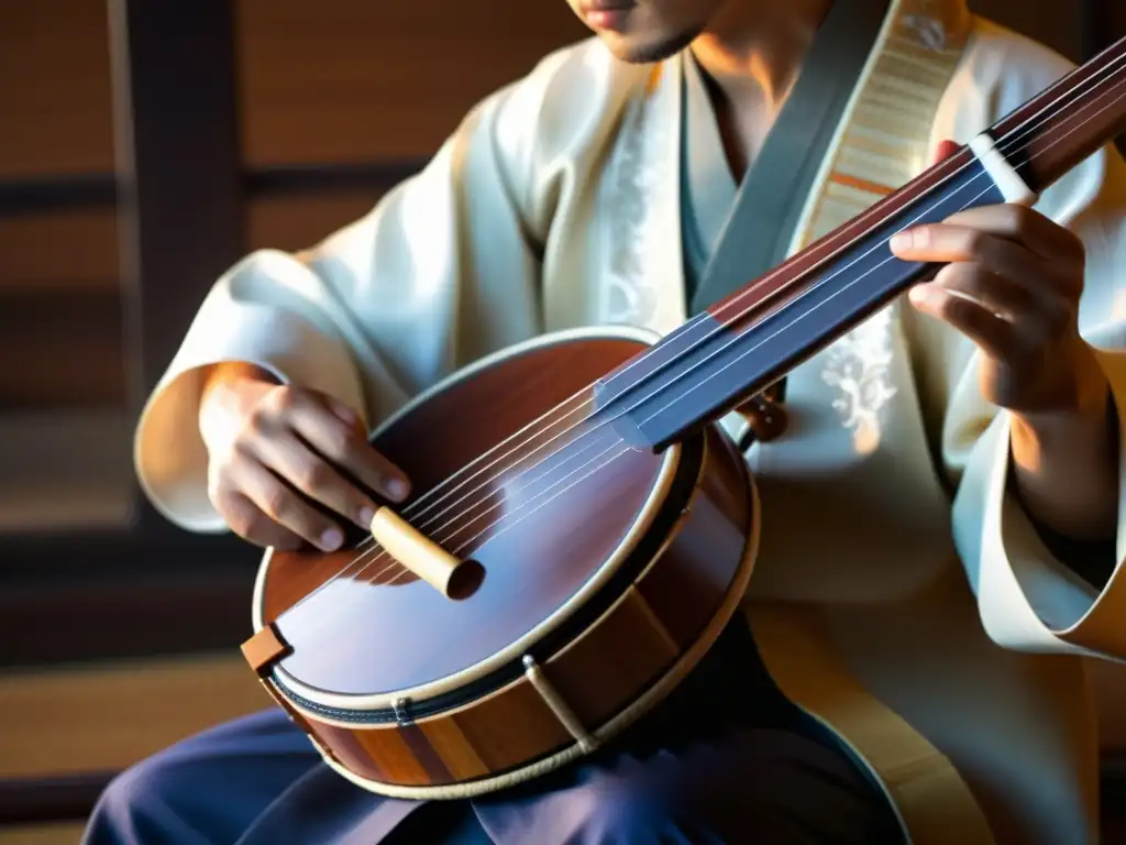 Un músico toca con intensidad un shamisen japonés, fusionando tradición y rock