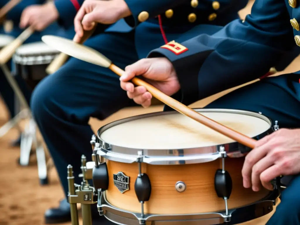 Un músico toca con intensidad un tambor militar, mostrando la precisión y el arte en la adaptación de ritmos militares a la música contemporánea