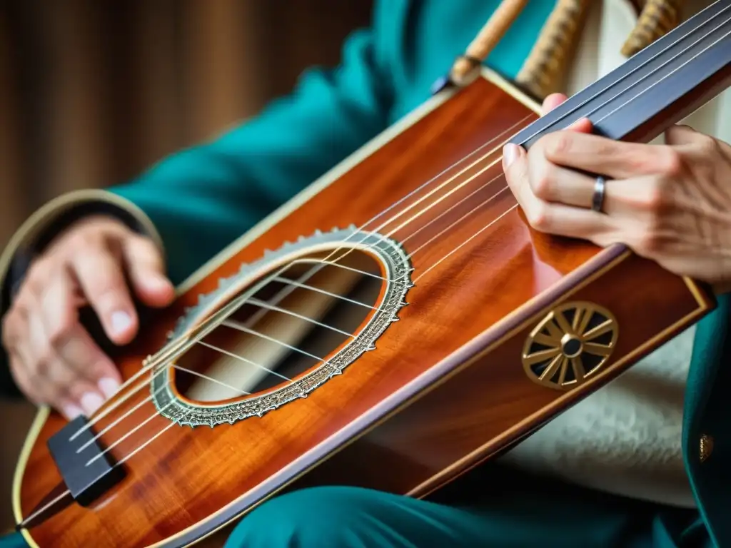 Un músico toca con intensidad una balalaika tradicional rusa, mostrando la rica historia y sonido de la balalaika