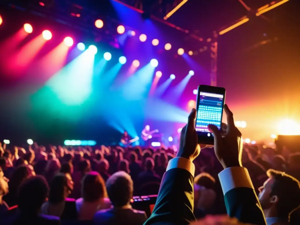 Un músico toca con intensidad un xilófono en un escenario durante un concierto de música pop, mientras el público disfruta