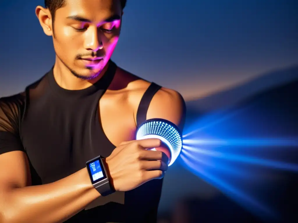 Un músico interactúa con tecnología wearable en su actuación, fusionando sonido y tecnología en una imagen inmersiva