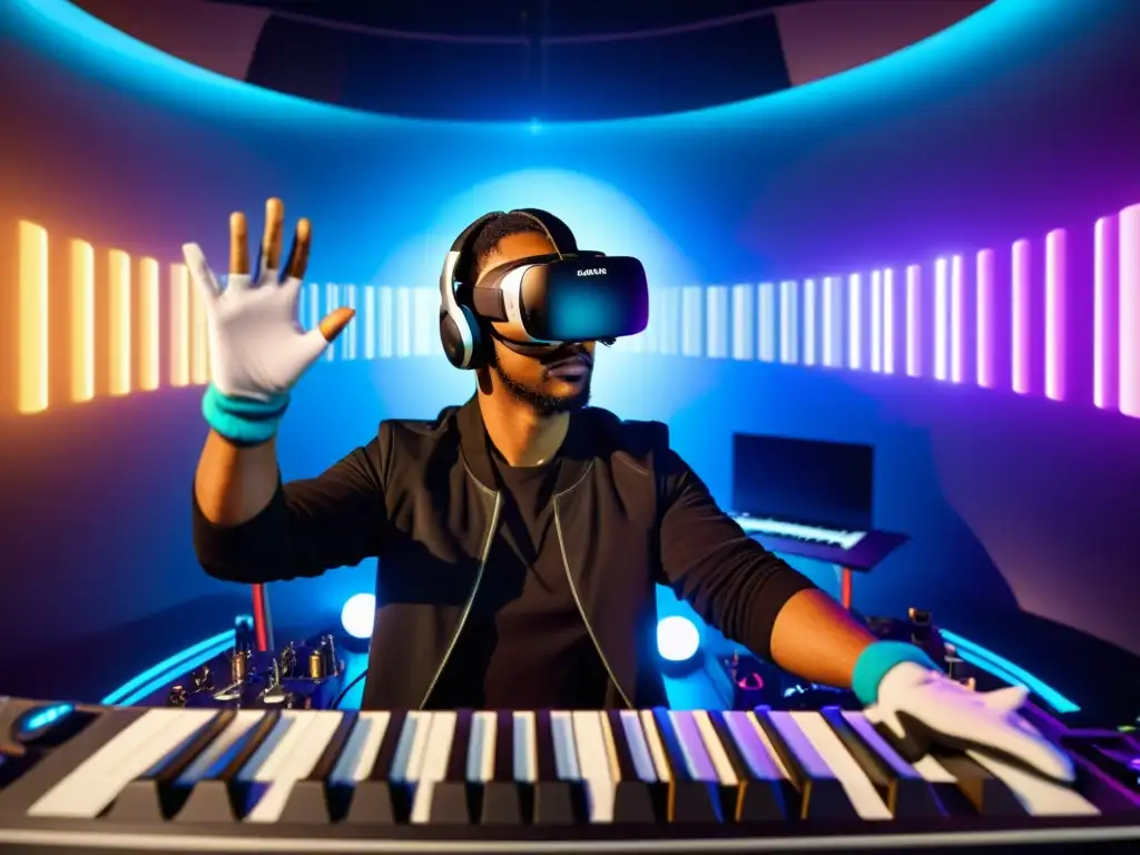 Un músico utiliza interfaces de realidad virtual para instrumentos, inmerso en un entorno musical vibrante y expresivo