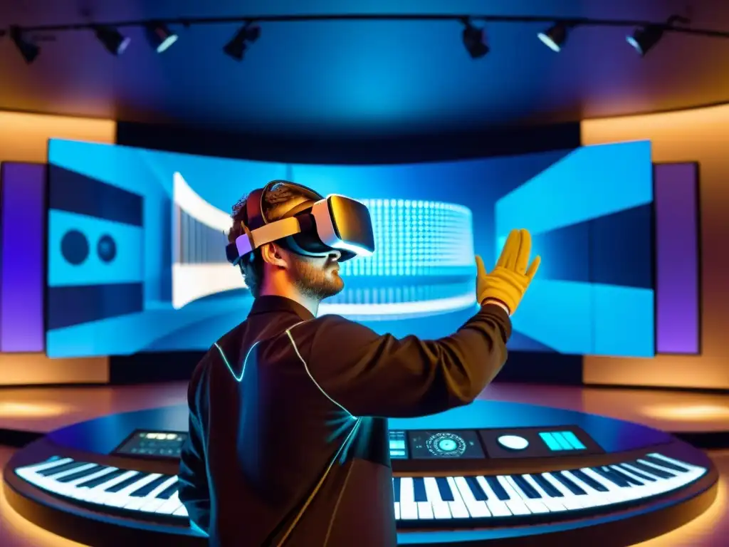 Un músico con interfaz de realidad virtual para instrumentos tocando un piano invisible en un futurista concierto virtual