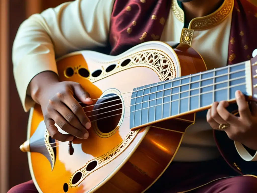 Un músico toca con precisión un sitar, destacando las intrincadas tallas del instrumento